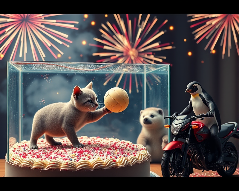 cake, fireworks, fish tank, kitten, volleyball, spiderman, rhino, ferret, penguin, motorcycle